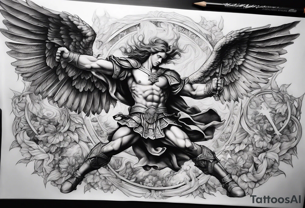 Arm sleeve of St Michael fighting the devil tattoo idea