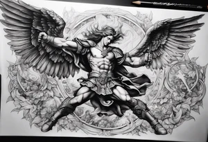 Arm sleeve of St Michael fighting the devil tattoo idea
