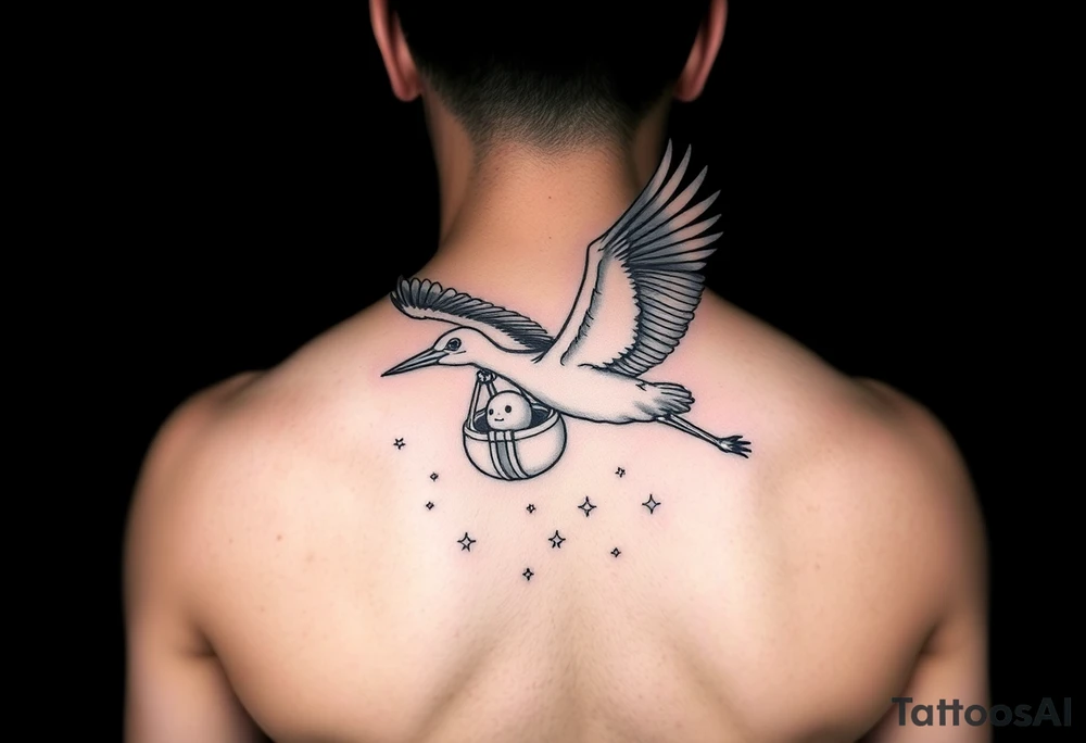 Stork flying with baby bundle towards moon, stars tattoo idea