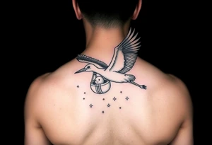 Stork flying with baby bundle towards moon, stars tattoo idea