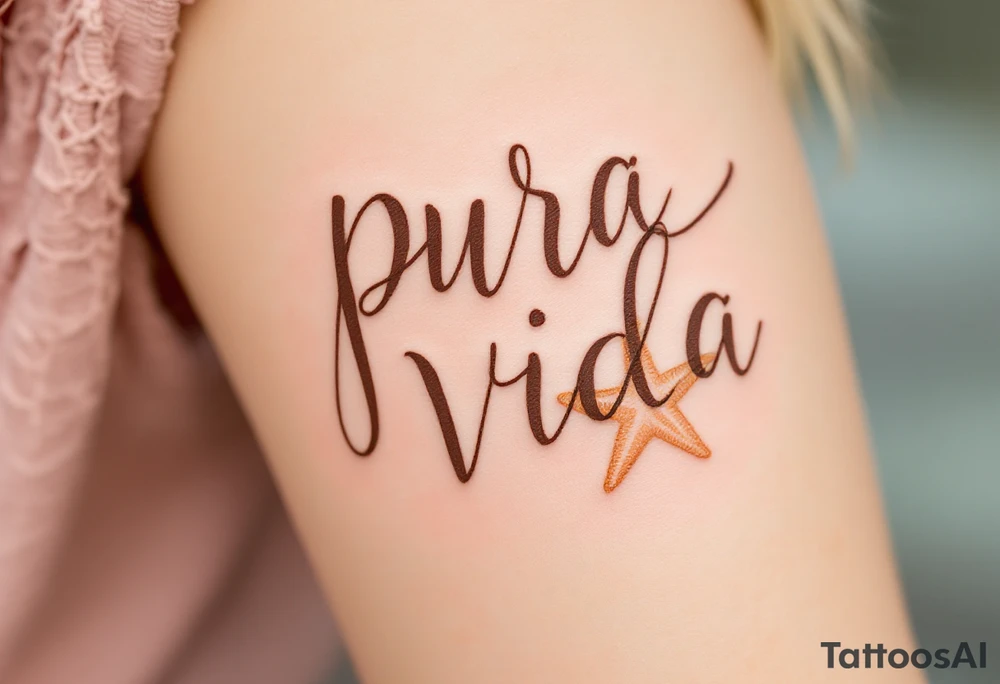 Beachy “Pura Vida” in brown ink with a tan seashell and starfish sketched in pastel peach. tattoo idea