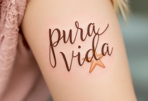 Beachy “Pura Vida” in brown ink with a tan seashell and starfish sketched in pastel peach. tattoo idea