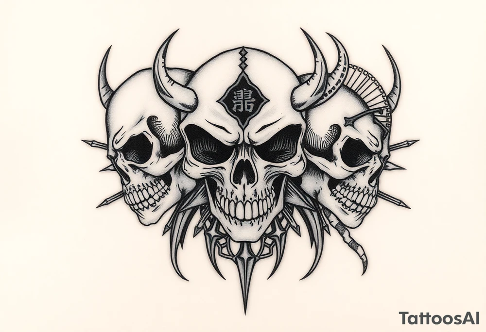 Tribal skulls of the devil with Japanese signs of the dead tattoo idea