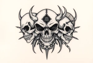 Tribal skulls of the devil with Japanese signs of the dead tattoo idea
