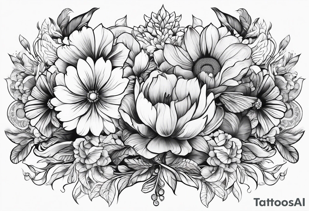 Sleeve tattoo, field of flowers with something cultural and majestic tattoo idea