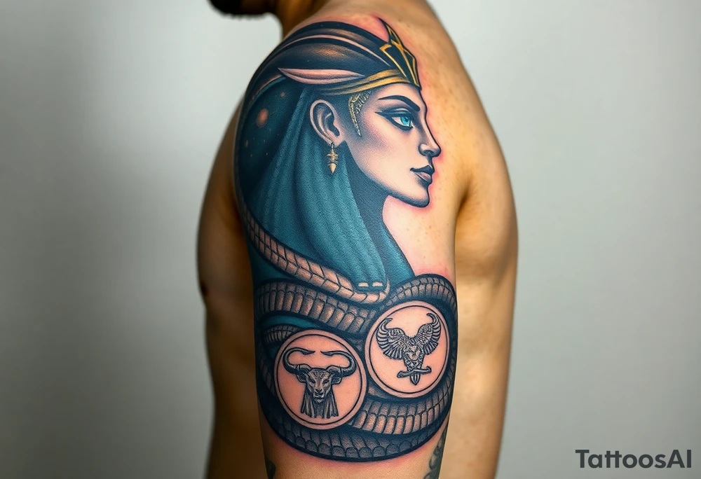 A DSLR photo of a full upper arm tattoo on a man's right arm, from neck to below the elbow. The tattoo shows the Egyptian goddess Renenutet with a serene and powerful female face, shaded with lifelike detail. Her eyes are vivid blue with white highlights. She wears a war crown (Mut or Isis style, with horns and a solar disk), and an ankh on the forehead. Her hair blends into a cobra hood that transitions into the serpent’s body wrapping around the entire arm. The cobra’s scales are deeply shaded black with white edge accents and subtle blue highlights on the back. The body coils protectively around the forearm, encircling three symbols: twin faces (Gemini), a lion’s head in relief (Leo), and a Capricorn with a horned goat and fish tail, each embedded in the snake’s body or stylized medallions. The tattoo glows slightly with white ink accents, giving it a vibrant, almost living presence. Photographed in soft studio lighting to highlight texture and shading, with visible skin grain and depth of ink. tattoo idea