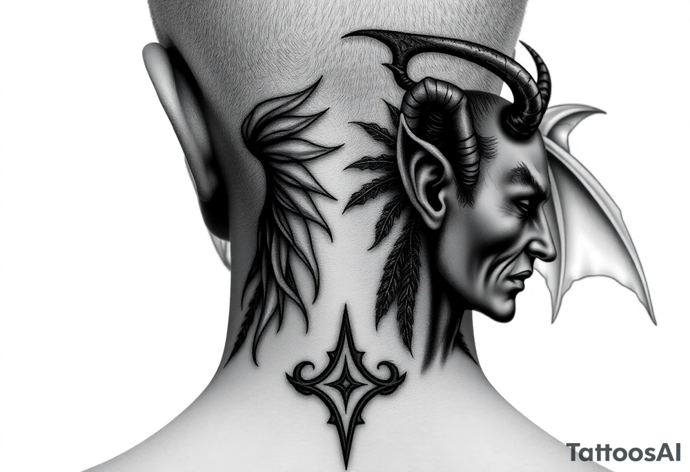 position behind the neck Angel (on the right) whispering in the right ear, demon (on the left) whispering in the left ear. It must be as realistic as possible. tattoo idea