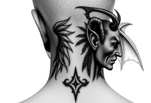 position behind the neck Angel (on the right) whispering in the right ear, demon (on the left) whispering in the left ear. It must be as realistic as possible. tattoo idea
