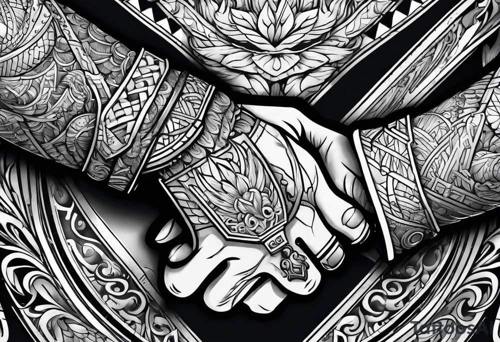 Two hands shaking with a knife going through them tattoo idea