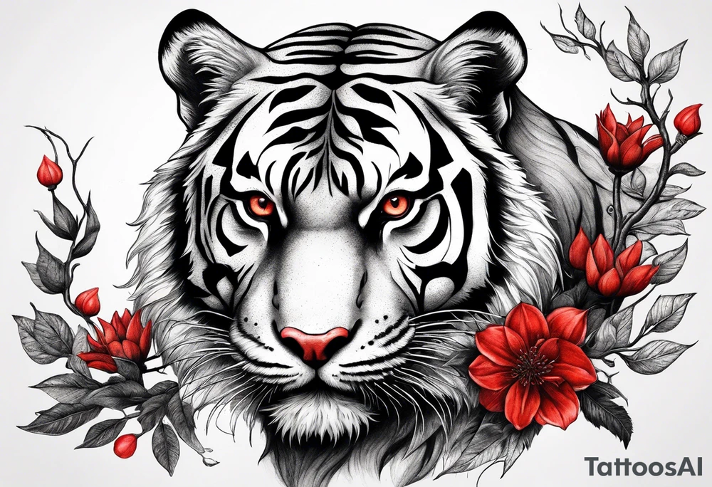 Tiger lies of branch of a tree that has little red flowers. There is raven on the tiger’s head. And the red crescent moon behind. tattoo idea