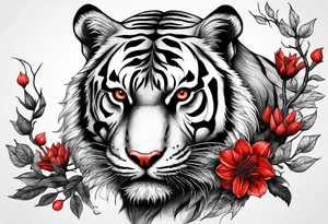 Tiger lies of branch of a tree that has little red flowers. There is raven on the tiger’s head. And the red crescent moon behind. tattoo idea