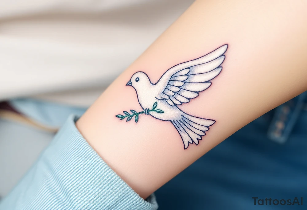A delicate dove with outstretched wings, in soft white and gentle silver tones, carrying an olive branch tattoo idea