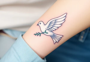 A delicate dove with outstretched wings, in soft white and gentle silver tones, carrying an olive branch tattoo idea