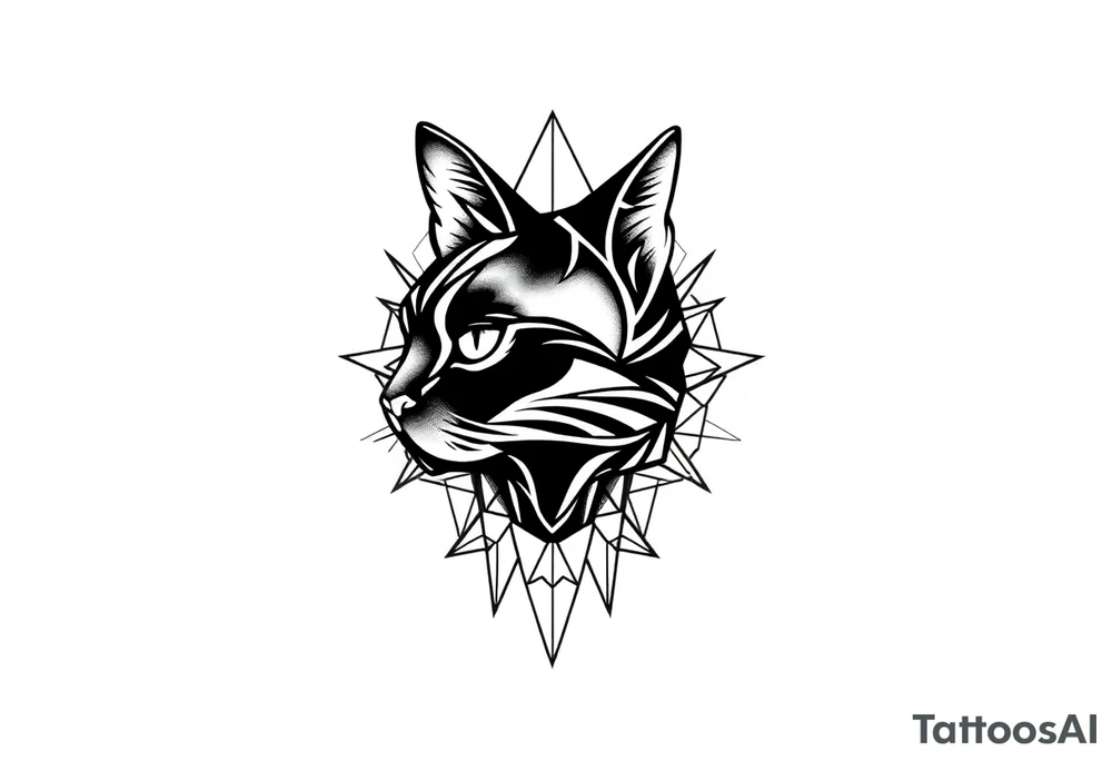 Female black cat head with geometric boarder tattoo idea