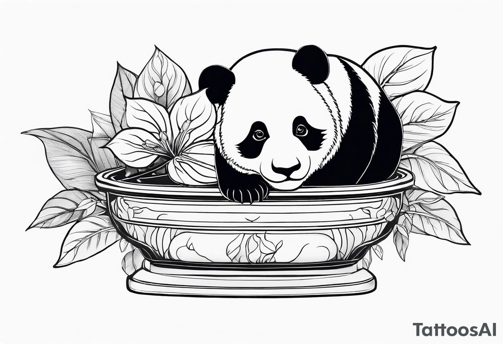 a bonsai pot with anthurium leaves and a statue of a baby panda sitting under the foliage tattoo idea