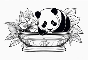 a bonsai pot with anthurium leaves and a statue of a baby panda sitting under the foliage tattoo idea