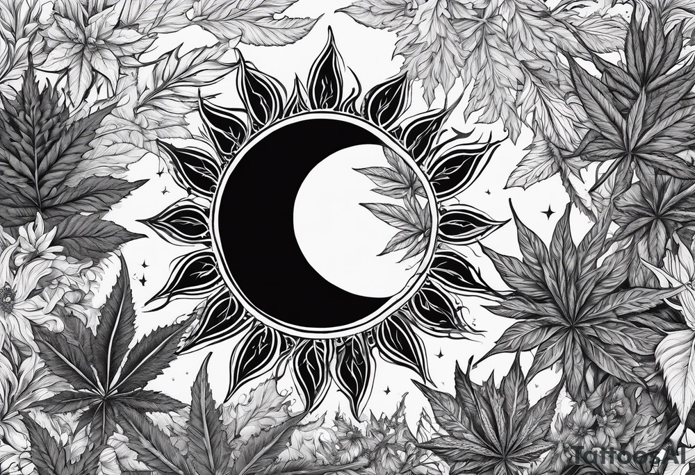 Eclipsed sun with negative space, cannabis plants and other forest botanicals tattoo idea