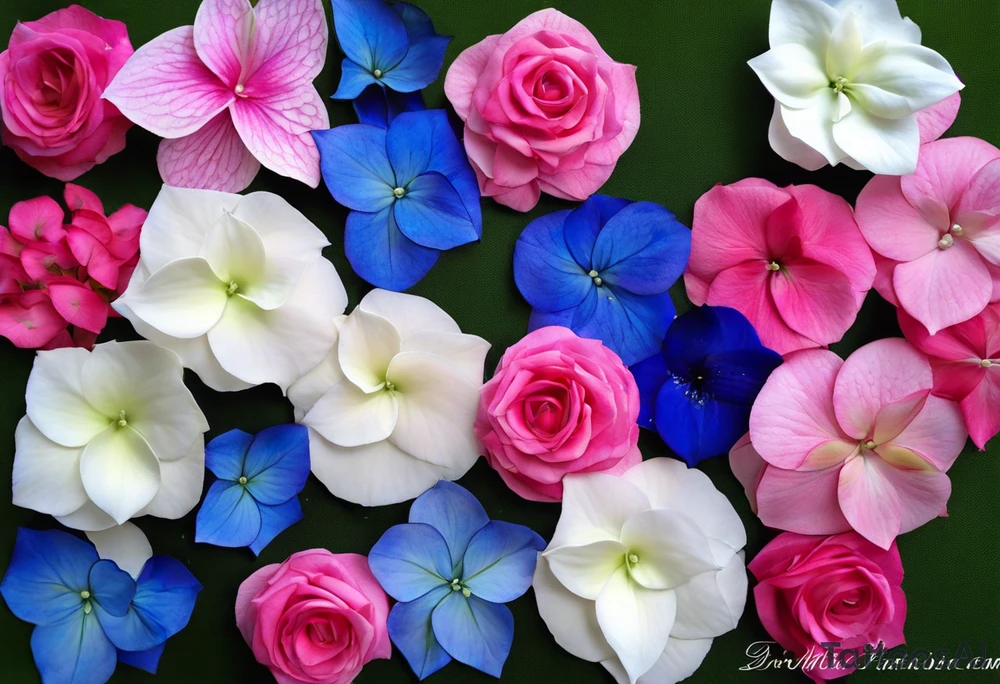 based on my wedding flowers for my wrist:Light pink hydrangea petals, white hydrangea petals, deep blue hydrangea petals, hot pink hydrangea petals, baby pink roses, hot pink roses, light pink stargazer lilies. With some purpley/bluey delphinium petals and tiny white and light pink flowers. With leaves weaving between them all and festoon and fairy lights around the outside, giving the flowers a glow. tattoo idea