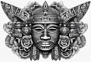 toroids, pyramids, Aztec teaky mask, native, full mask tattoo idea