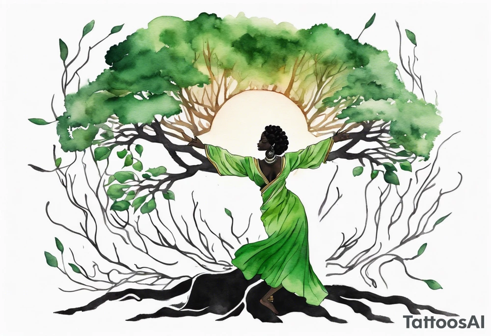 a tree with roots and a trunk that turns into a black woman reaching with her arms towards the sun, wearing a green tunic tattoo idea