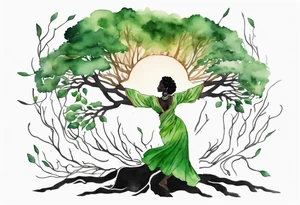 a tree with roots and a trunk that turns into a black woman reaching with her arms towards the sun, wearing a green tunic tattoo idea