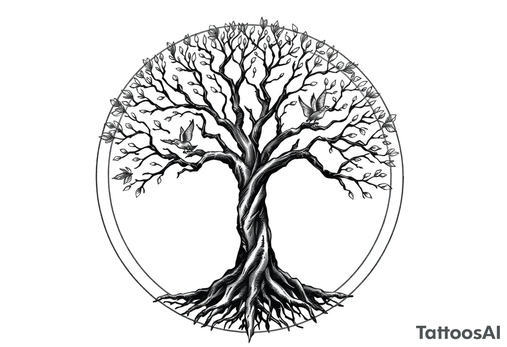 Tree of life in a broken circle with birds flying out tattoo idea