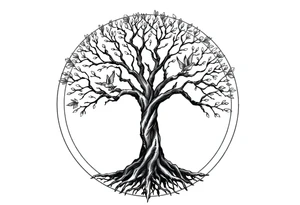 Tree of life in a broken circle with birds flying out tattoo idea