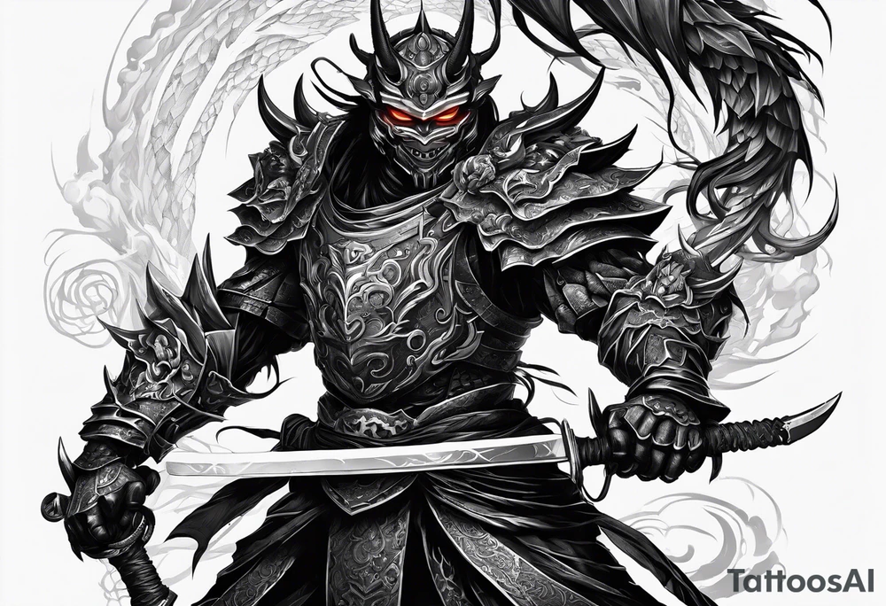 Angry demon Modern robot ninja with demon mask with swords in hands fighting dragon tattoo idea