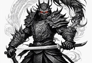 Angry demon Modern robot ninja with demon mask with swords in hands fighting dragon tattoo idea