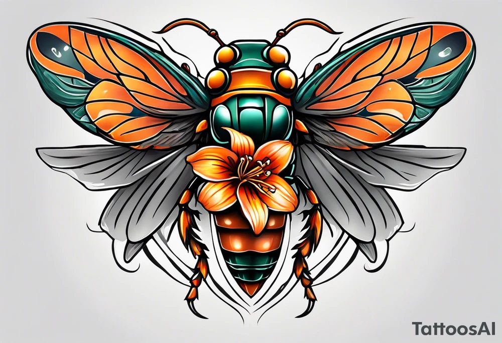 Neo traditional Cicada with orange lily tattoo idea