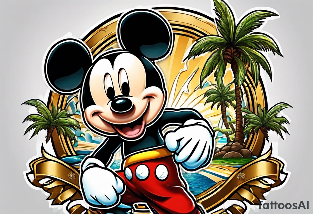 mickey mouse doing martial arts with palm trees, lightning storm and the celtic symbol for family tattoo idea