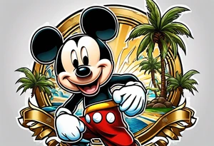 mickey mouse doing martial arts with palm trees, lightning storm and the celtic symbol for family tattoo idea