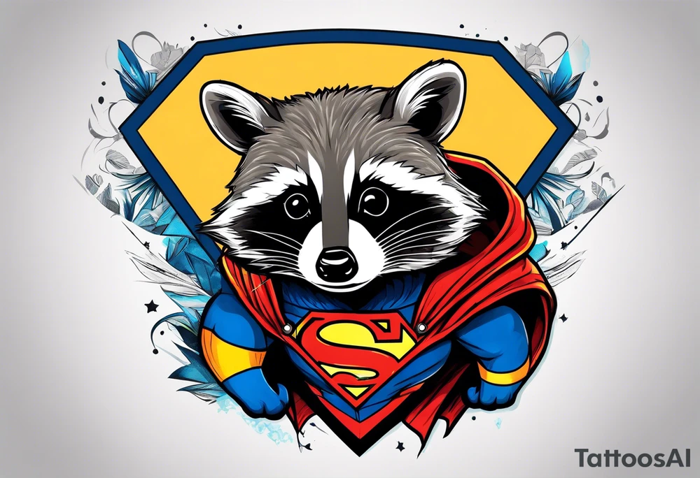 raccoon wearing a Superman hoodie tattoo idea
