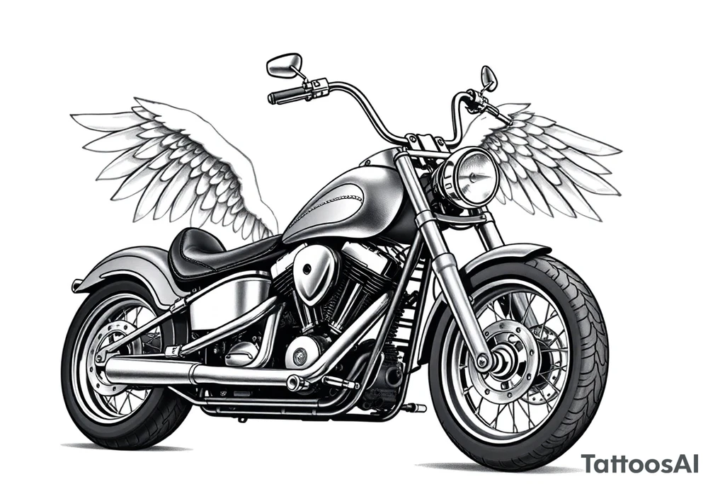 Low rider grey motorcycle, big muffler pipes with flames, angel wings, driving away, no person tattoo idea
