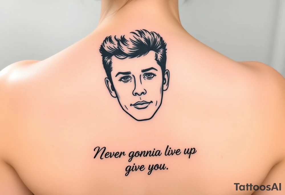 Young Rick Astley Face with Never Gonna Give You Up text tattoo idea