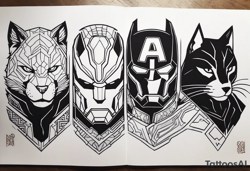 I want to change Avengers Team characters with animals. Hulk will be Badger, Thor will be Alpha Grey Wolf, Captain America will be Bull, Iron Man will be Canary, Black Widow will be Axolotl, Hawk Eye will be Sudan Plated Lizard and Nick Fury will be Cat. tattoo idea