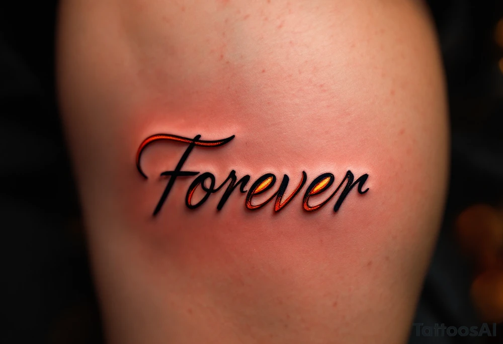 A glowing sunset behind the word "forever" in warm orange and gold gradient cursive. tattoo idea