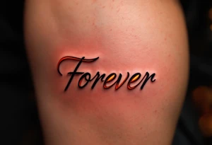 A glowing sunset behind the word "forever" in warm orange and gold gradient cursive. tattoo idea