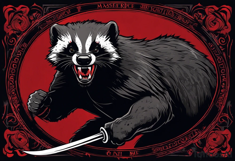 Draw me psychopath Honey Badger/Berserker with aggressive full body, killer face with a scary smile, very long nails and he attacks like a Bloody Assassin/Warrior/Gladiator to us and also, he has very deadly looking. He fights with his nails only. Everybody scares after their first sight. Give me horror type Badger Tattoo. I want to see his Realistic full body with no weapons. You can show destruction at the back. tattoo idea