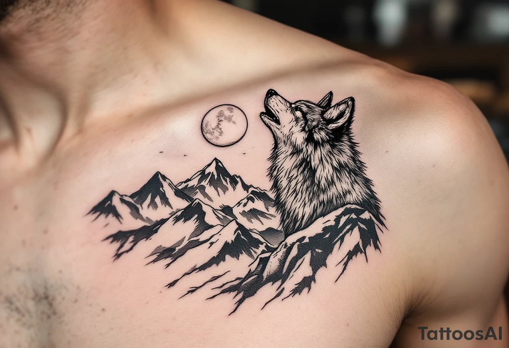 wolf on mountain howling at moon tattoo idea
