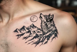wolf on mountain howling at moon tattoo idea