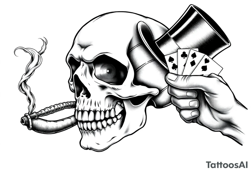 a skull with mustache, a big cigar in his mouth,top-hat on his head and playing cards in a hand. tattoo idea