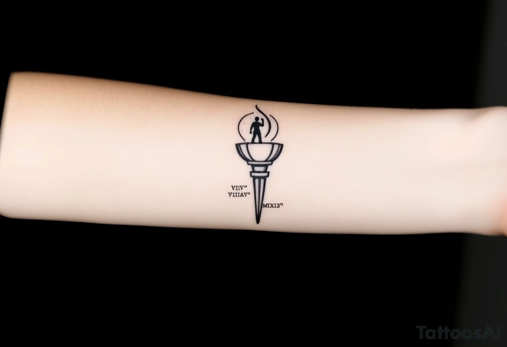 Black-ink forearm tattoo of an abstract torch representing a father’s legacy passed to his son. Torch flame is minimalistic lines and particle flow, fragmented at the base (father’s unfinished work) and bright/solid at the top (son continuing the legacy). Subtle abstract figure of father integrated at the top as if guiding or cheering. Include date VI·IV·MMXXIII hidden in linework and optional phrase “Building what he couldn’t”. Clean, vertical layout, minimalistic, fine-line, black ink only, emotionally resonant. tattoo idea