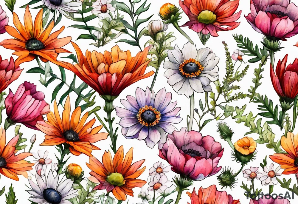 wildflowers with thistles, ferns, white anemones, sun flowers, orange flowers, pink flowers, red flowers, babys breath and daisies all in watercolor tattoo idea