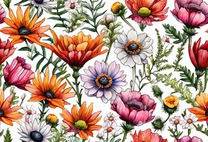 wildflowers with thistles, ferns, white anemones, sun flowers, orange flowers, pink flowers, red flowers, babys breath and daisies all in watercolor tattoo idea