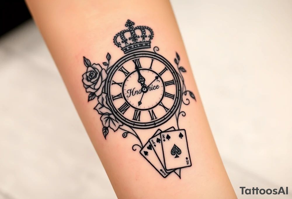 Roman clock with roses and a crown,  a quote that says nothings forever. and on the bottom a deck of cards gangster chicano style tattoo idea