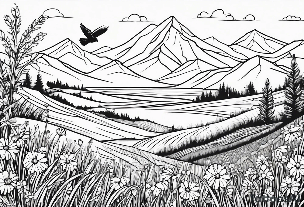 Small bird in field of grass and daisys Mountain View in distance tattoo idea