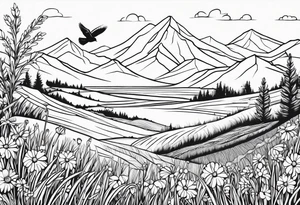 Small bird in field of grass and daisys Mountain View in distance tattoo idea