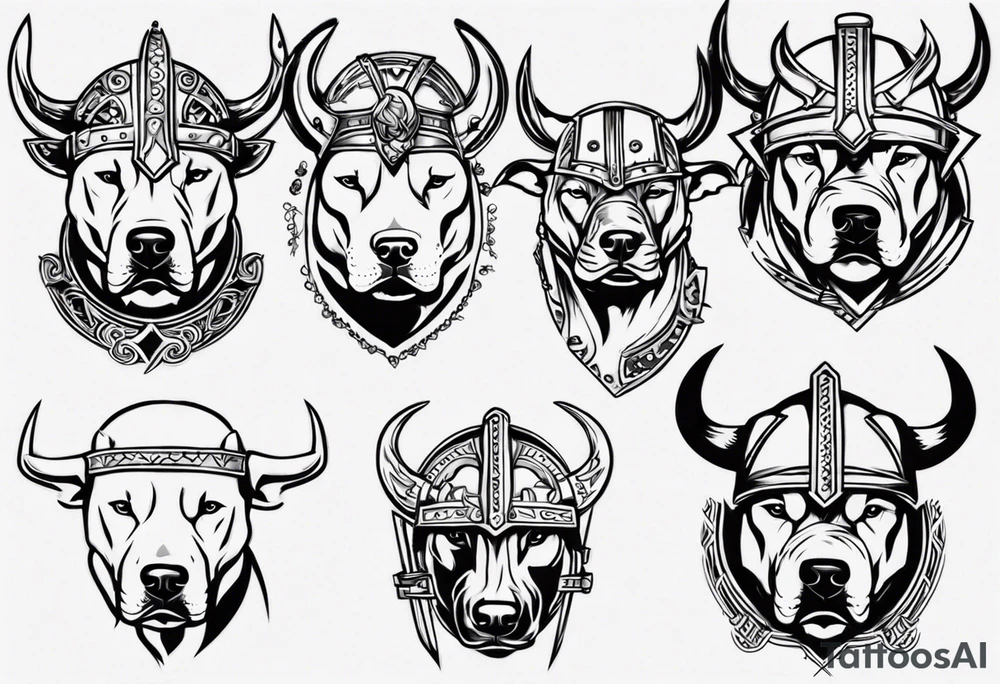 Pitbull wearing a viking helmet tattoo idea