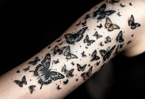 Many different butterflies in many different sizes and colors at least one monarch and in many stages of flight tattoo idea